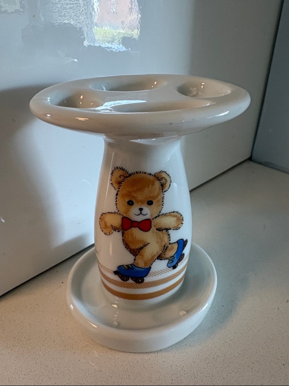 Vintage 80s/90s Ceramic Toothbrush Holder with Roller Skating Bear Design